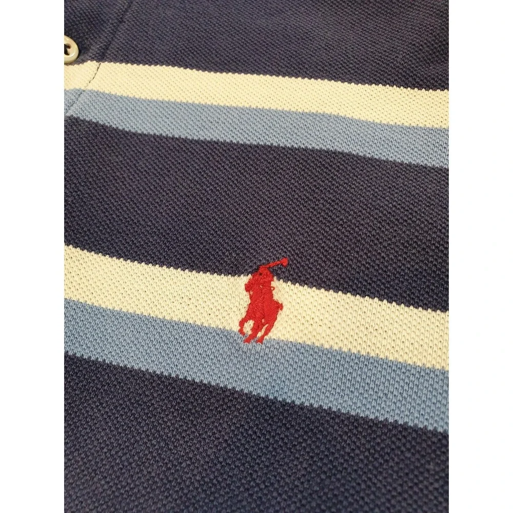 VTG Polo Ralph Lauren Polo Shirt Mens Large Navy Stripe Red Pony USA 90s